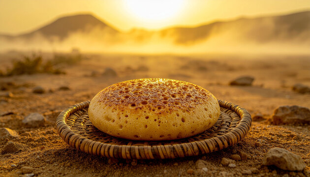 Djiboutian Lahoh Pancake on Woven Basket at Dry Lakebed Edge in Morning Fog