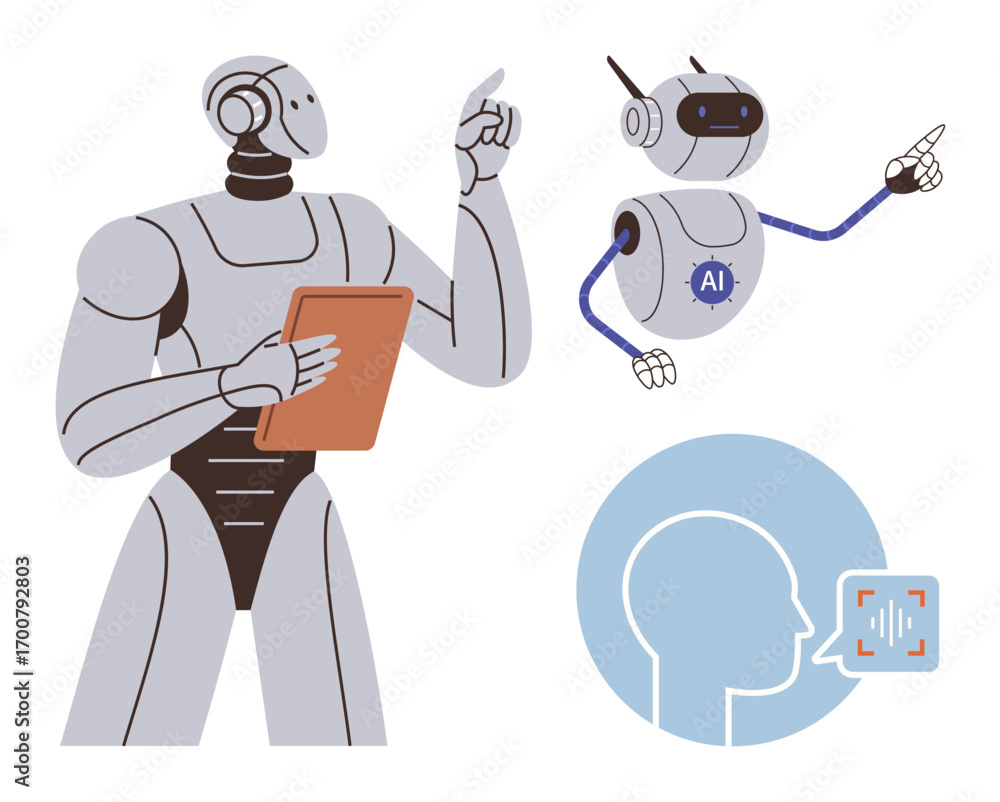 Poster humanoid robot holding a tablet, smaller ai robot gesturing, and a head profile showcasing voice rec