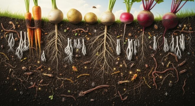 Biodynamic farming agriculture gardening cultivation, Cross section view of root vegetables and soil ecosystem illustration