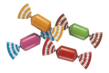 Four colorful wrapped candies floating against a transparent background. background removed