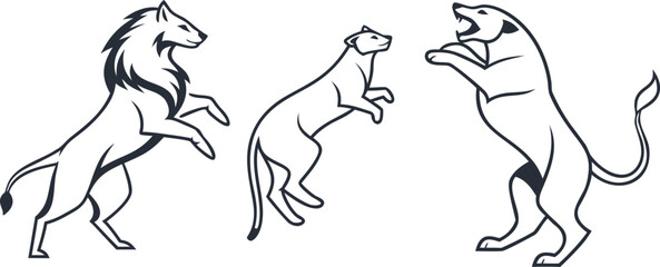  vector illustration of wild big cats including lion, panther, and cougar in bold poses. Wildlife , agility, and strength. Ideal for logos and branding.