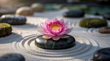 Serene pink lotus flower rests on dark stone amidst raked sand patterns and smooth river rocks in a tranquil zen garden setting