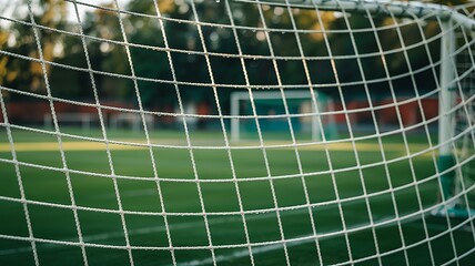 Close up of a white soccer goal net with a blurred green field and goal in the background on a sunny day