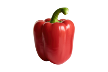 A single, vibrant red bell pepper isolated on a transparent background. background removed