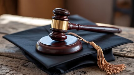 Symbolic image of a wooden judge s gavel resting on a black graduation cap representing legal education and justice