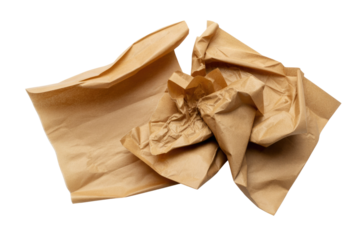 A crumpled piece of brown paper, partially flattened, isolated on a transparent background. background removed