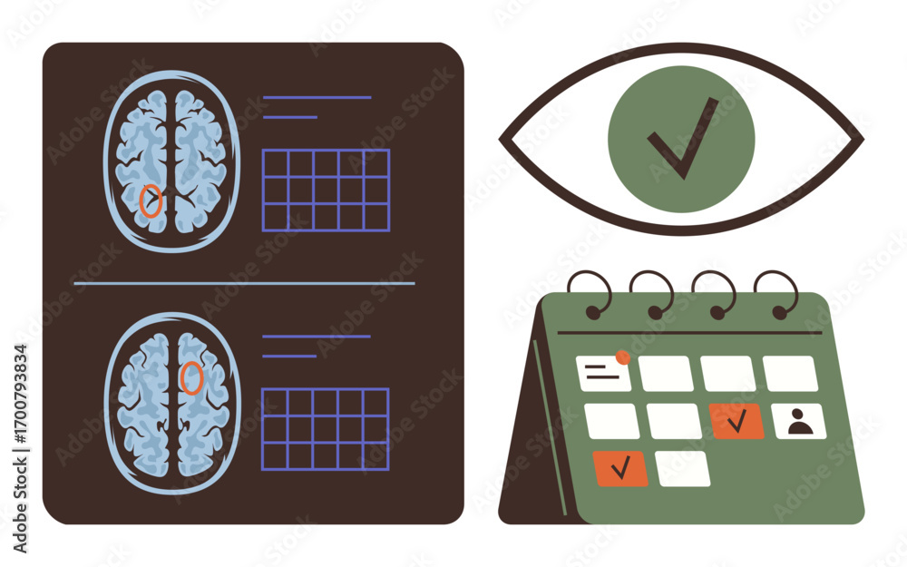 Poster brain scan images with marked areas, checkmark inside an eye, and a calendar with events marked. ide