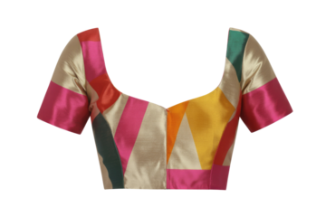 Geometric patterned silk blouse with short sleeves and a V-neckline, vibrant colors. background removed