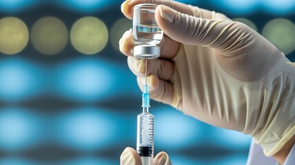 Close up of a gloved hand holding a syringe and vial preparing to administer a medical injection in a laboratory setting