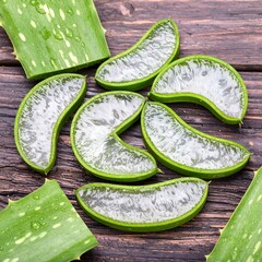 Fresh aloe vera slices arranged on a dark wooden surface