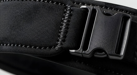 Durable black nylon belt buckle closeup with textured fabric offering secure fastening