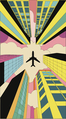 Low angle of Airplane Flying Over City Skyscrapers from Worms Eye View