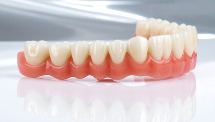 Obraz premium Close-up of a realistic dental prosthesis, showcasing meticulously crafted teeth and gum tissue against a neutral backdrop.