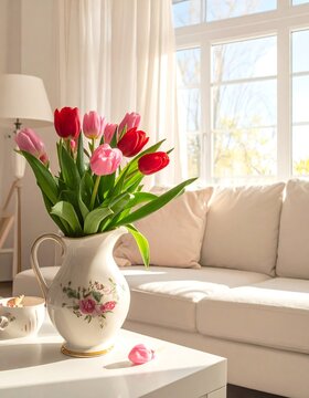 A bouquet of tulips in a decorative vase, sitting on a white coffee table in a bright living room