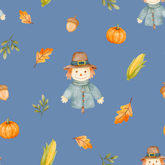 Thanksgiving Watercolor Seamless Pattern with Scarecrow, Pumpkins, Corn and Autumn Leaves – Cute Fall Kids Design
