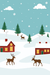 Snowy Village with Reindeer, Pine Trees and Cabins – Holiday Vector Scene