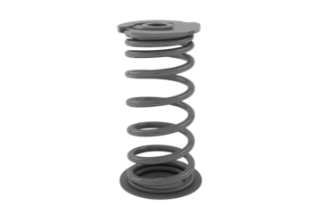A 3D render of a grey metal coil spring with circular top and bottom plates, isolated on transparent background. background removed