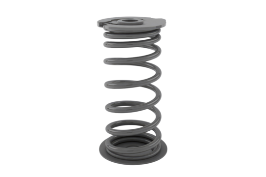A 3D render of a grey metal coil spring with circular top and bottom plates, isolated on transparent background. background removed