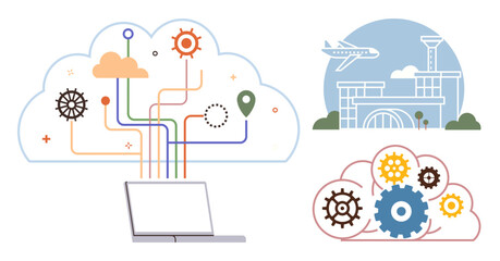 Computer connected to colorful digital cloud network, airport illustration, gear system concept. Ideal for technology, cloud computing, aviation, logistics, innovation, data flow connectivity