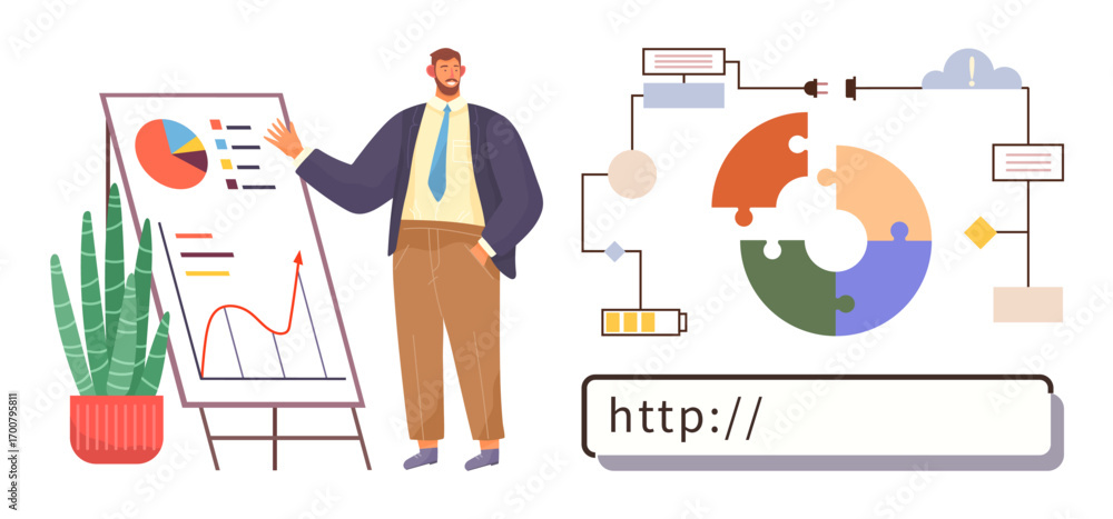 Poster man explaining charts on easel, puzzle diagram, digital flowchart, and web address bar. ideal for bu
