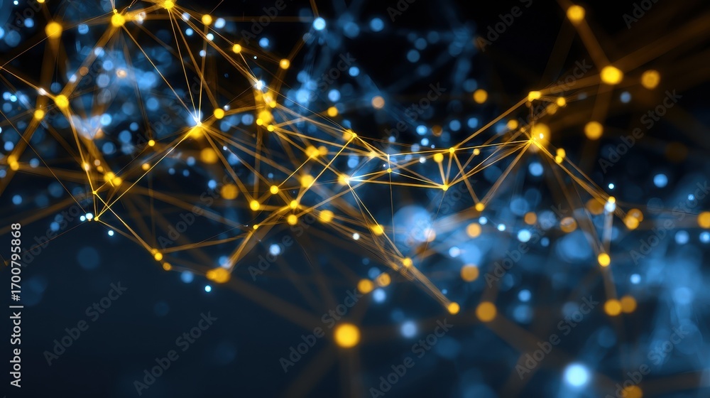 Poster abstract blue digital network with glowing yellow nodes and lines technology