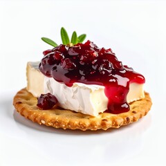 Appetizing brie cheese and cranberry sauce cracker with fresh herbs close-up on white background