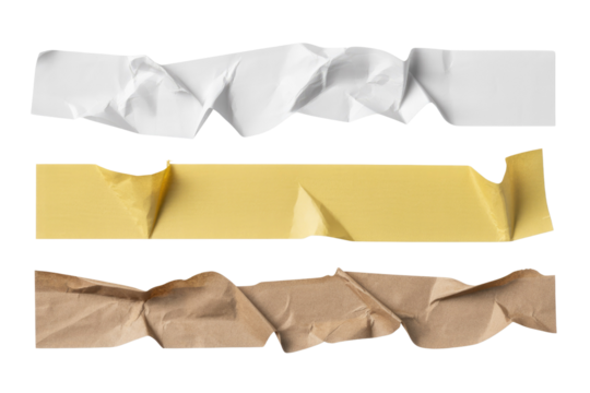 Three pieces of crumpled adhesive tape, white, yellow, and brown, isolated on a transparent background. background removed