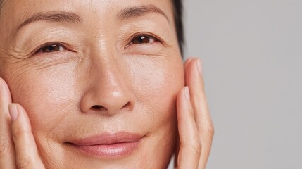closeup portrait of middle aged asian womans face with perfect skin older mature lady touching pampering face advertising of cosmetology salon plastic surgery procedures skincare no logos no brands a