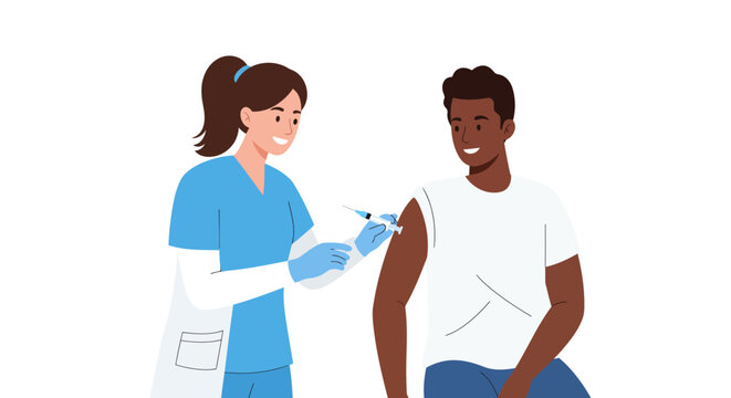 Professional healthcare worker administering a vaccine injection to a smiling African American man - Powered by Adobe