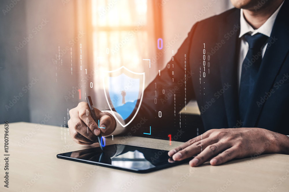 Poster cyber security protects against breaches, hacks, and network attacks using strong infrastructure and