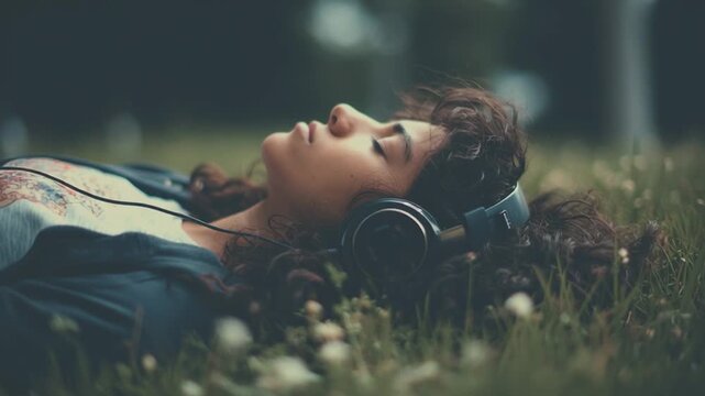 Person Relaxing with Music While Lying on the Grass