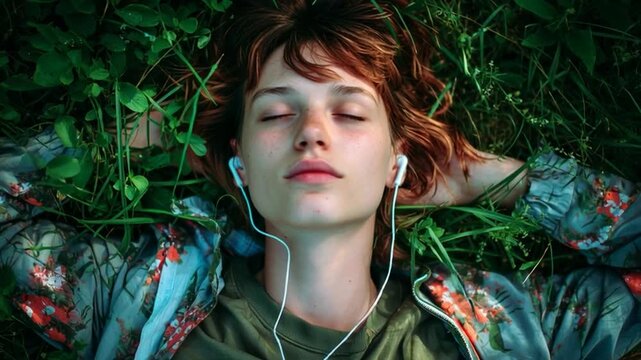 Person Relaxing with Music While Lying on the Grass