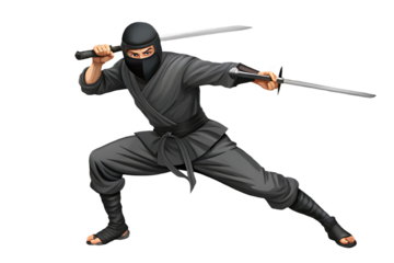Ninja warrior dual wielding swords isolated on a transparent background