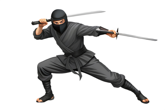 Ninja warrior dual wielding swords isolated on a transparent background