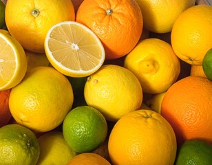 A close-up view of a vibrant mix of citrus fruits, including oranges, lemons, grapefruits, and limes, showcasing a variety of colors and textures.