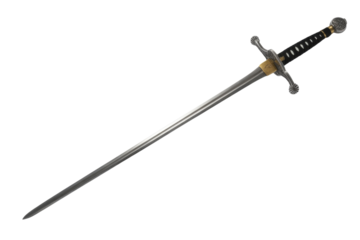 A long, elegant medieval rapier with a detailed hilt and a black grip, isolated against a transparent background. background removed