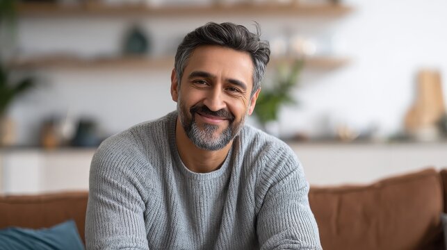 portrait of handsome mature man relaxing on couch at home while looking at camera mixed race man in casual clothing sitting on sofa and smiling with copy space successful happy middle eastern guy no 