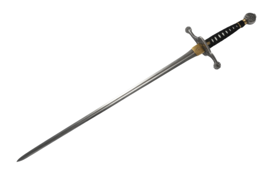 A long, elegant medieval rapier with a detailed hilt and a black grip, isolated against a transparent background. background removed - Powered by Adobe