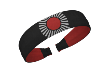 Black headband with red and white rising sun design, perfect for sports or fashion. background removed