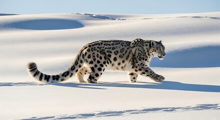 Obraz premium A majestic snow leopard with its distinctive spotted coat walks across a vast, snow-covered landscape under a bright, clear sky.