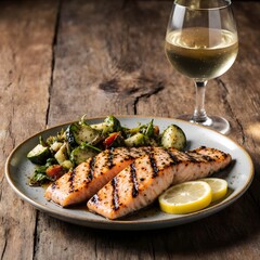 grilled salmon with vegetables and white wine