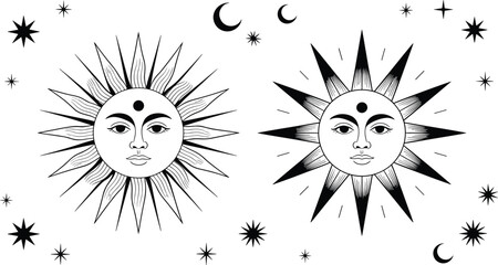 Mystical sun and moon illustration, celestial face art, cosmic stars drawing, spiritual boho design, astrology vintage style, magic