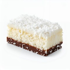 Delicious coconut bar with chocolate base and creamy filling tempting treat on white background