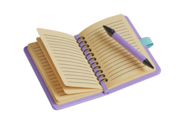 A 3D rendered image of a spiral notebook with a pen,  open to a blank page, ready for notes. background removed