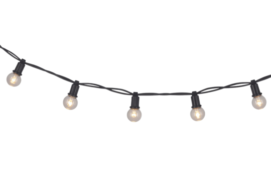 String of lights with six bulbs, black wire, transparent bulbs glowing softly on a transparent background. background removed