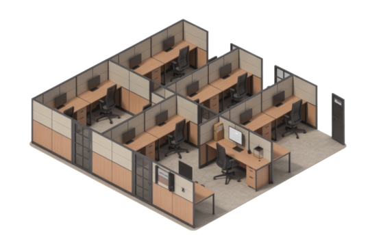 Isometric view of a modern office layout with individual cubicles, desks, chairs, and computers. background removed