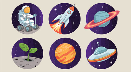 Astronaut rover illustration, rocket spaceship launch, colorful planets, alien UFO, galaxy stars, cosmic exploration artwork, futuristic space design