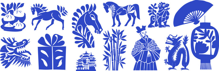 Chinese new year icon set with horse, dragon, lantern, dumplings and traditional Asian symbols in hand drawn style