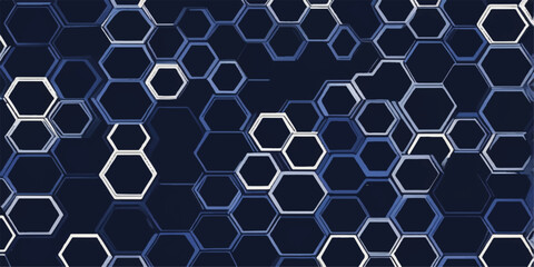 Fototapeta premium Abstract geometric blue hexagonal grid pattern with a honeycomb texture and metallic tile design
