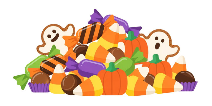 A festive pile of assorted Halloween candy and sweets.